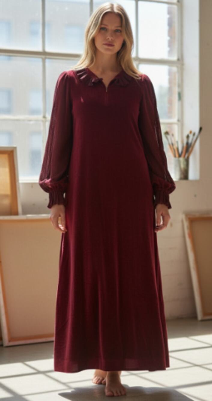 Vintage R. Michael Alan Deep Red Ruffle Trim House Coat Robe Womens Medium